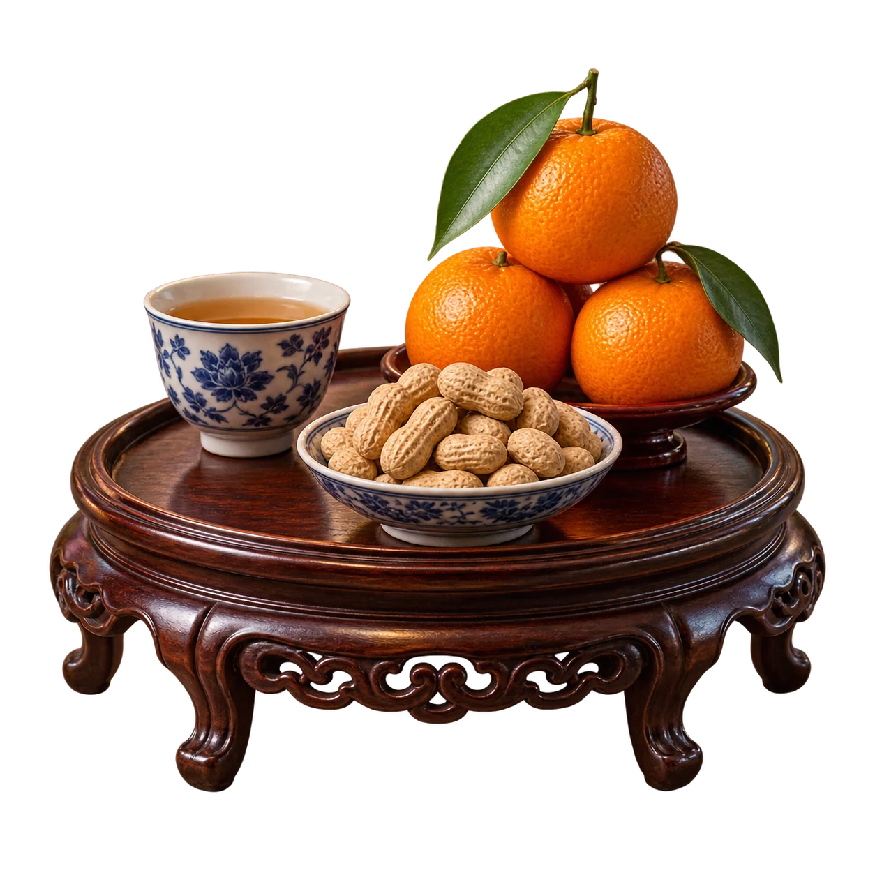 清茶花生與柑橘供品